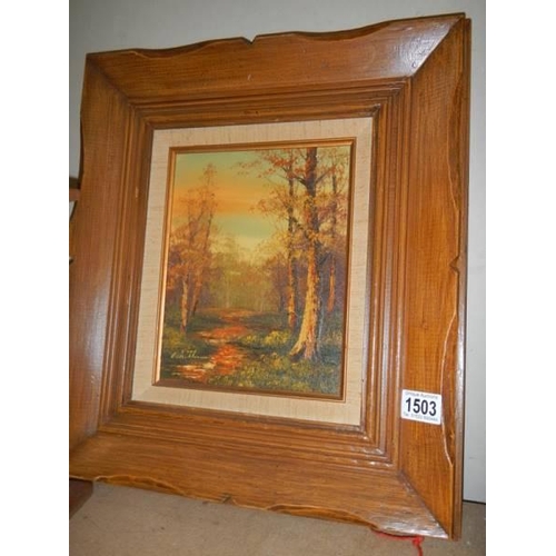 1503 - An oak framed oil on board painting signed John Thomas.