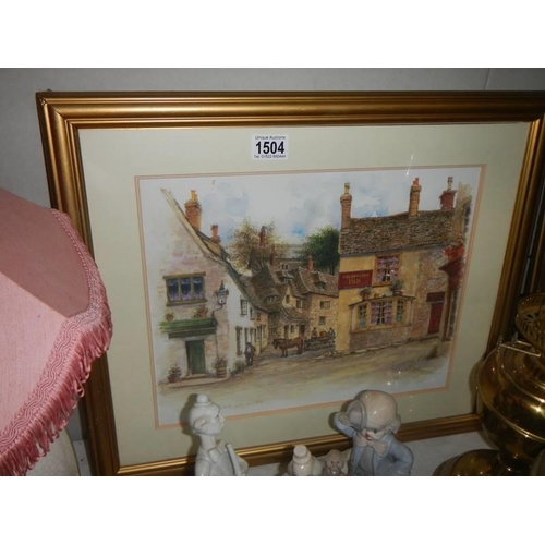 1504 - A framed and glazed print village scene. COLLECT ONLY.