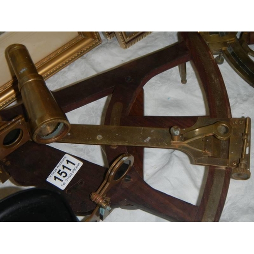 1511 - Two brass sextants and a wooden sextant for spares or repair.