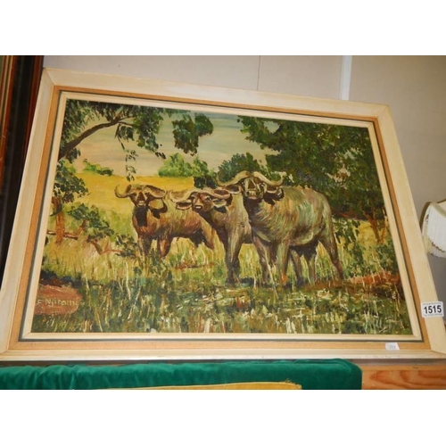 1515 - An oil on board signed painting of oxen. COLLECT ONLY.