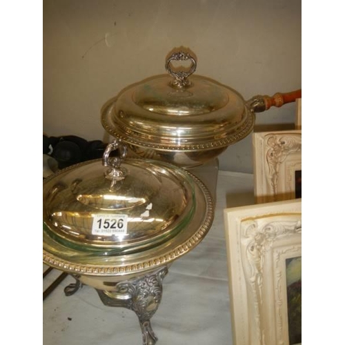 1526 - Two silver plate muffin dishes with glass liners,