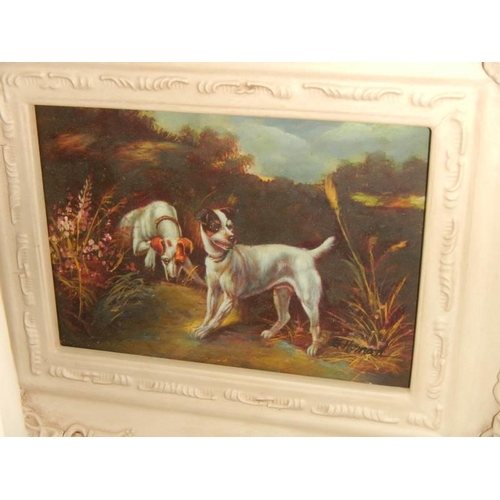 1528 - Three white framed over painted prints featuring dogs.