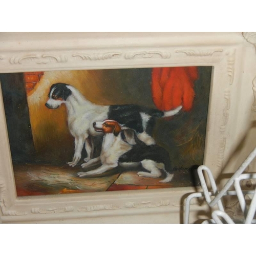 1528 - Three white framed over painted prints featuring dogs.