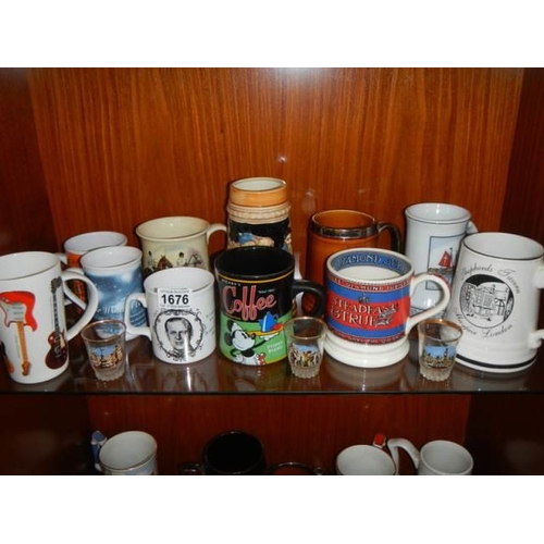 1676 - Three shelves of tankards and mugs including advertising, COLLECT ONLY.