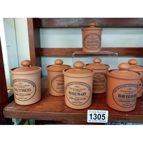 1305 - A set of 8 Henry Watson pottery, The original Suffolk canister herb containers. COLLECT ONLY.