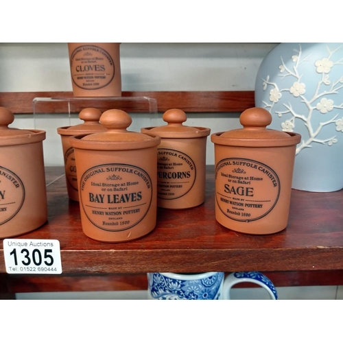 1305 - A set of 8 Henry Watson pottery, The original Suffolk canister herb containers. COLLECT ONLY.