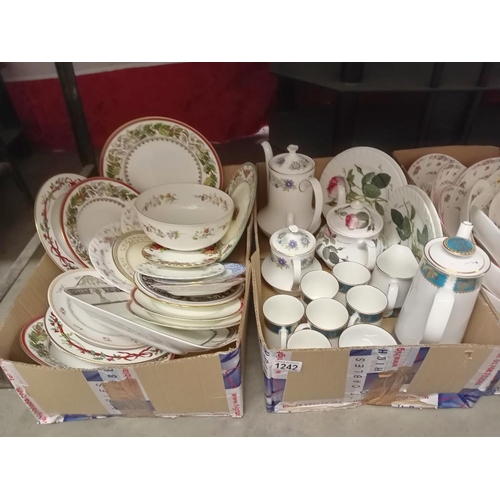 1242 - 2 boxes of plates, cups, saucers & teapot by Wedgwood, Spode & Roy Kirkham 'Elizabethan' etc.