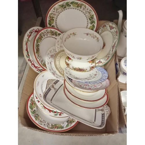 1242 - 2 boxes of plates, cups, saucers & teapot by Wedgwood, Spode & Roy Kirkham 'Elizabethan' etc.