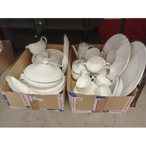 1243 - 2 good boxes of white dinnerware including 2 tureens etc.