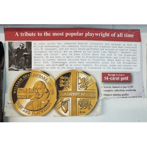 1054 - A 14ct gold proof coin 0.5gms William Shakespeare 12 greatest britons,  2 Palissy Shakespeare plates... 