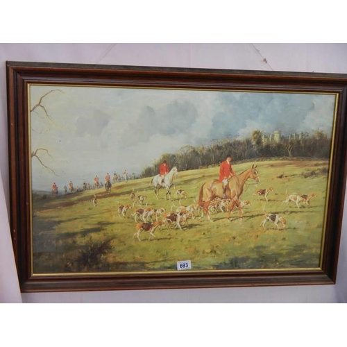 693 - A framed and glazed print of a  hunting scene, COLLECT ONLY.