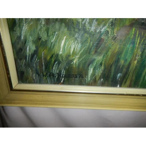 698 - An oil on canvas river scene signed W A Rogers '74. COLLECT ONLY.