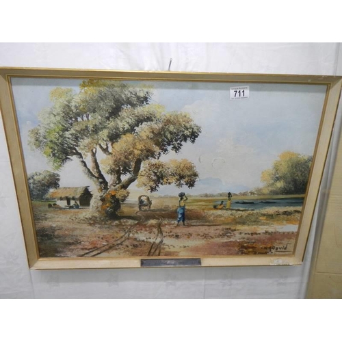 711 - An African scene oil on board painting, COLLECT ONLY.