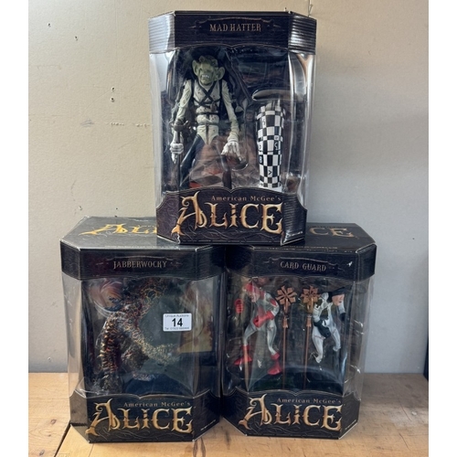 14 - 3 boxed American McGee's Alice in Wonderland figures, card guard, jabberwocky and mad hatter, as new