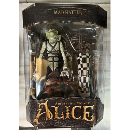 14 - 3 boxed American McGee's Alice in Wonderland figures, card guard, jabberwocky and mad hatter, as new