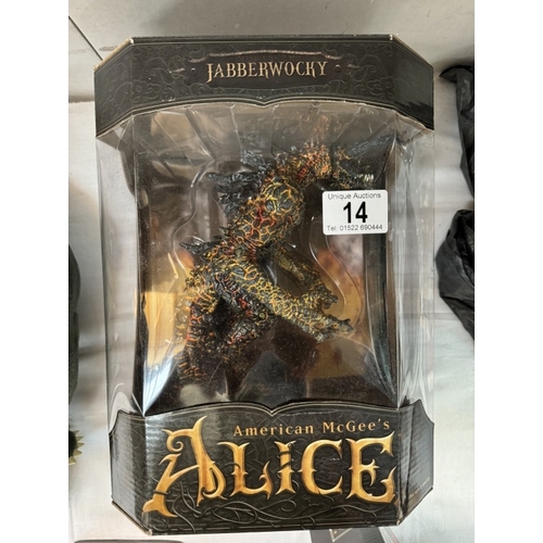 14 - 3 boxed American McGee's Alice in Wonderland figures, card guard, jabberwocky and mad hatter, as new