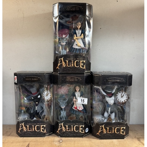 15 - 4 boxed American McGee's Alice in Wonderland figures, including white rabbits, and Alice, as new