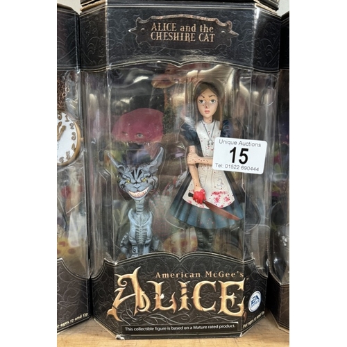 15 - 4 boxed American McGee's Alice in Wonderland figures, including white rabbits, and Alice, as new