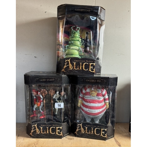 16 - 3 boxed American McGee's Alice in Wonderland figures Card guard, Tweedle Dee and caterpillar as new