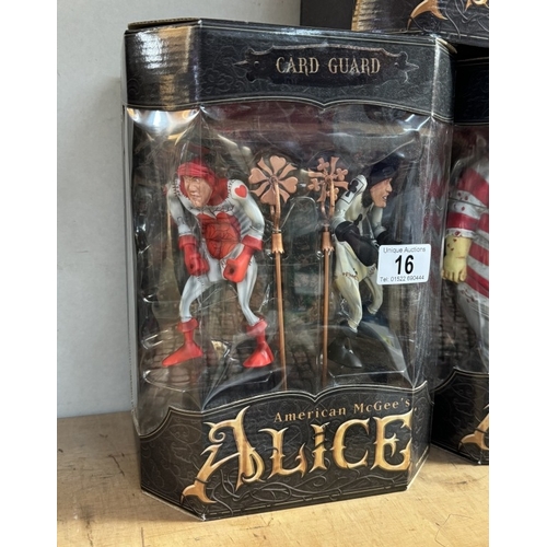 16 - 3 boxed American McGee's Alice in Wonderland figures Card guard, Tweedle Dee and caterpillar as new