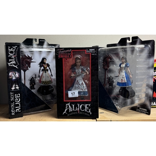 17 - 3 boxed Alice in Wonderland Alice figures, Femme Fatales, Madness returns as new