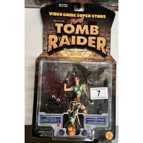 7 - 3 Tomb Raiders Lara Croft figures in blister packs, as new