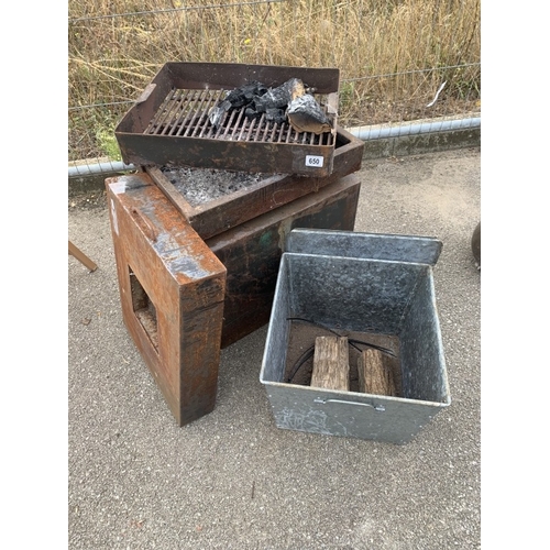 650 - A large metal firepit with metal log bucket