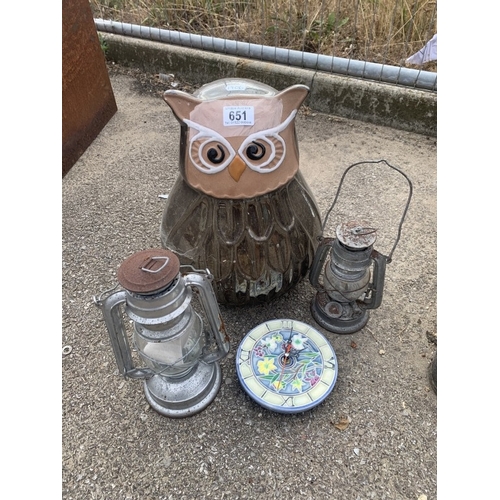 651 - A large owl garden ornament with 2 small lanterns etc