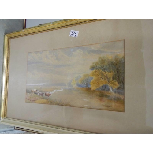 915 - An early 20th century framed and glazed watercolour featuring cows in a meadow, COLLECT ONLY.