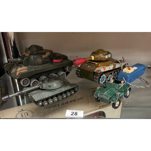 28 - A Marx Battery Up tank, one other, A Dinky Leopard tank & Britains scout car