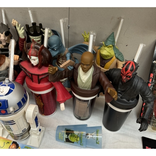 33 - A quantity of Star Wars figure drinking cups with straws, 3 Valiant cups & 2 Shrek cups