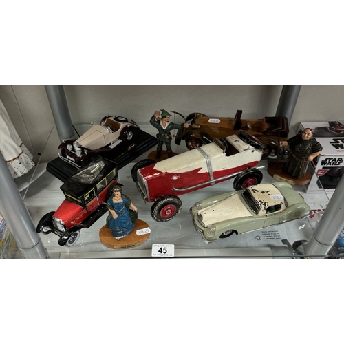 45 - A mixed lot of tinplate, diecast etc including Burago, Wooden tourer, Robin Hood figures etc