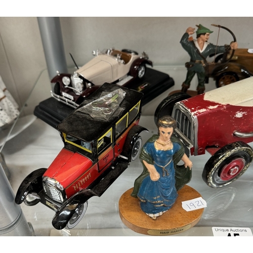 45 - A mixed lot of tinplate, diecast etc including Burago, Wooden tourer, Robin Hood figures etc