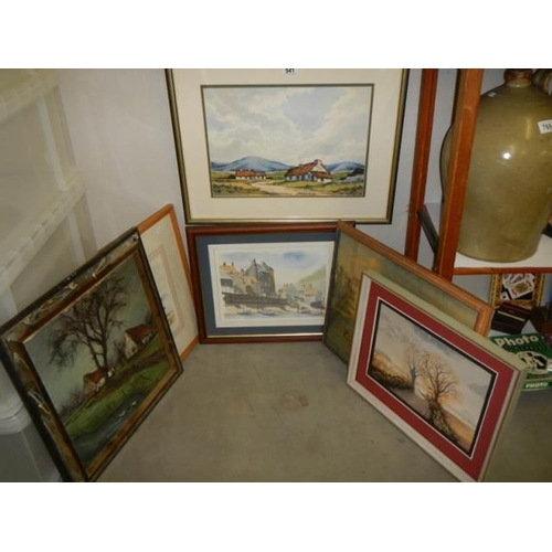 941 - Six framed and glazed pictures including watercolours,  COLLECT ONLY.