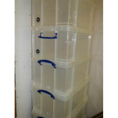 942 - Eight good plastic crates with lids, COLLECT ONLY.