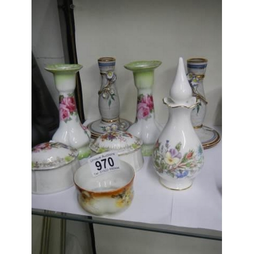 970 - Two pairs of ceramic candlesticks, hair and trinket pots etc.,