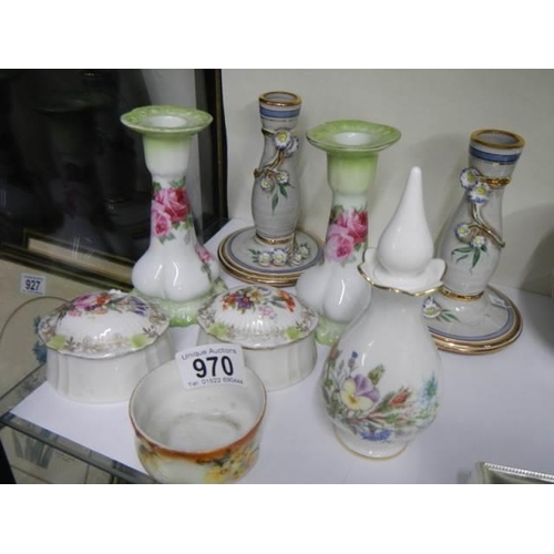 970 - Two pairs of ceramic candlesticks, hair and trinket pots etc.,