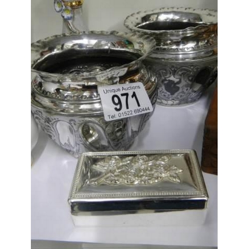 971 - A pair of small silver plate plant pots and a small box.