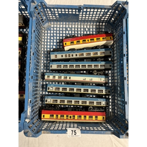 75 - 3 crates of railway rolling stock including 2 engines and many carriages