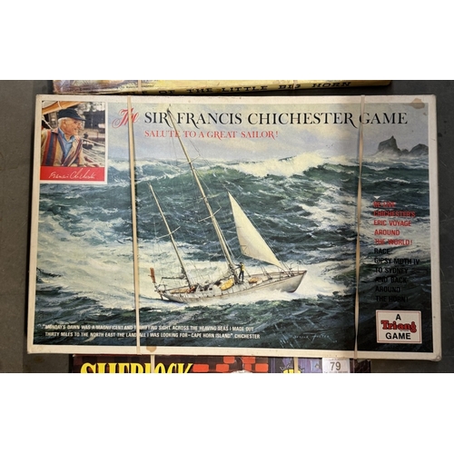 79 - 4 vintage board games including Tri-ang Sir Francis Chichester, Sherlock Holmes, Waddingtons The bat... 