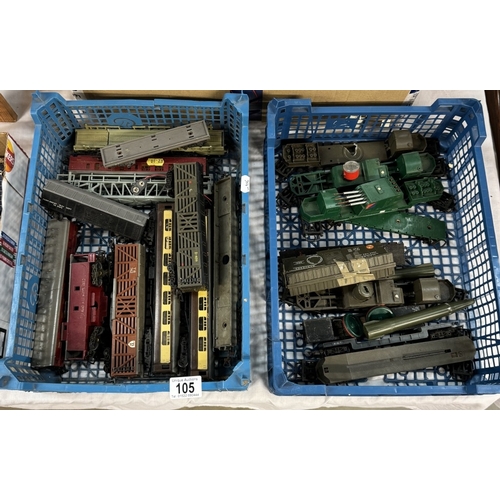 105 - 2 Trays of model railway carriages. Some military