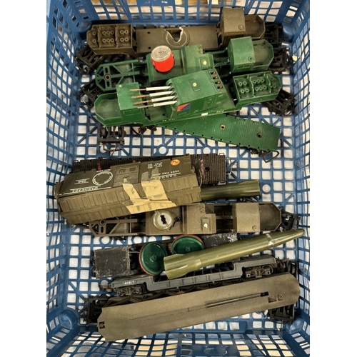 105 - 2 Trays of model railway carriages. Some military