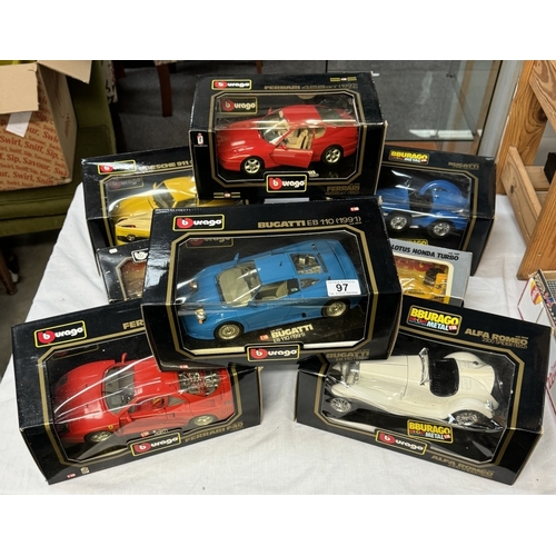 97 - 8 Boxed Burago 1/18 & 1/24 scale including Lotus, Honda, Bugatti, Ferrari etc