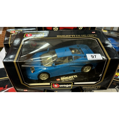 97 - 8 Boxed Burago 1/18 & 1/24 scale including Lotus, Honda, Bugatti, Ferrari etc