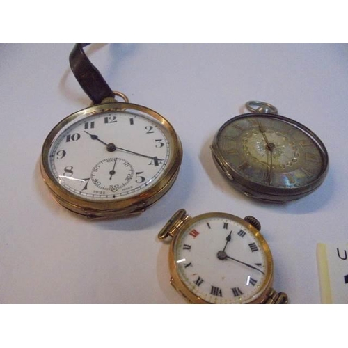 1069 - A pocket watch with 9ct gold outer case a/f, a silver fob watch a/f, and a gold plated watch head.