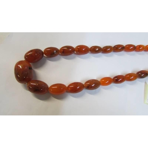 1071 - A thirty inch long amber necklace, in good condition, 65 grams.