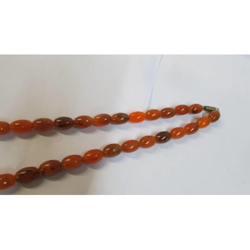 1071 - A thirty inch long amber necklace, in good condition, 65 grams.