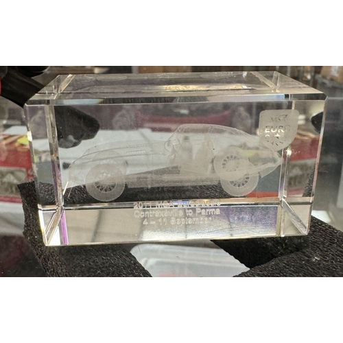 133 - A RAC 1997 Euro classic medallion, Silverstone rally plaque & 3 Heavy etched glass paperweights of A... 