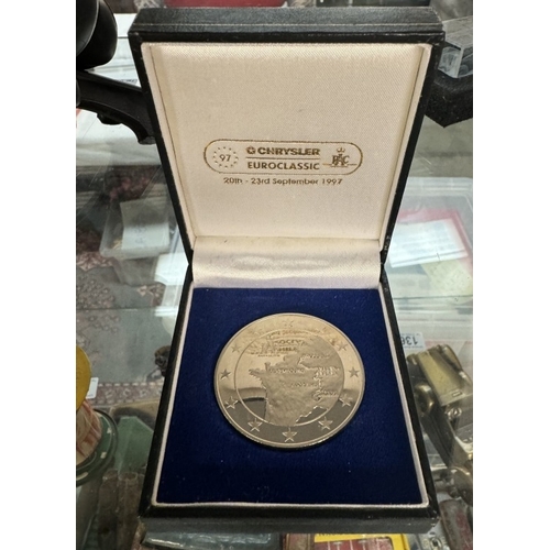 133 - A RAC 1997 Euro classic medallion, Silverstone rally plaque & 3 Heavy etched glass paperweights of A... 