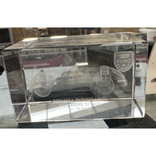 133 - A RAC 1997 Euro classic medallion, Silverstone rally plaque & 3 Heavy etched glass paperweights of A... 